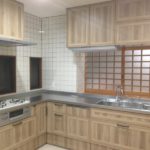 【After】キッチン1：Ｌ型キッチン。<br />
調理スペースも広く手際よくお料理が出来そうです！扉パネルはナチュラルカラー♪もちろん食洗機、そして上部にはウォールキャビネット(自動で昇降)、水栓はハンズフリー(手をかざすだけでOK！)<br />
お料理もシンク作業も楽しくできますね♪　　