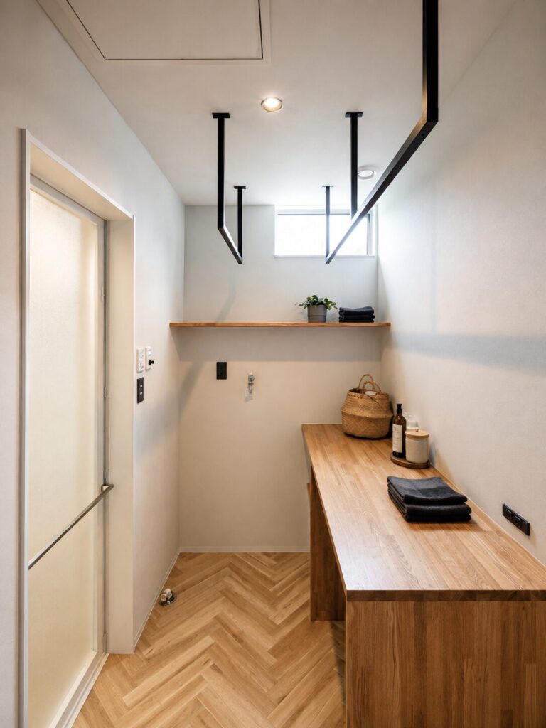 洗う・干す・しまうを、この一部屋で完結。<br />
家事の移動を減らし、毎日の洗濯をスムーズにする、効率的なランドリールームです。