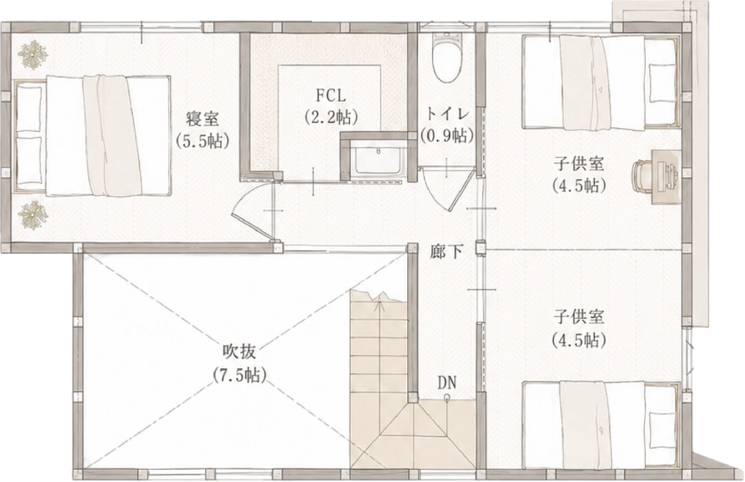Amberの2階間取り図。寝室、子供室、収納、吹抜け、階段などの配置
